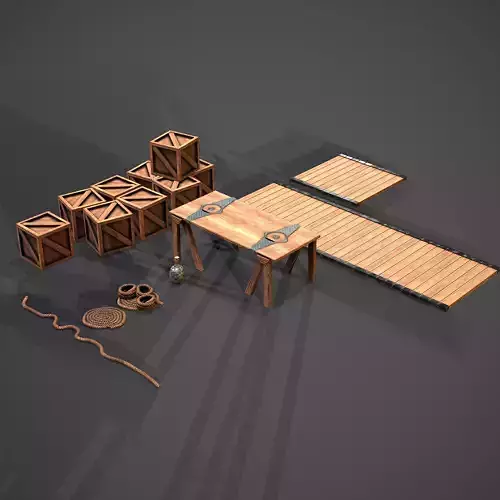 Old Seaport wood set Low-poly 3D model