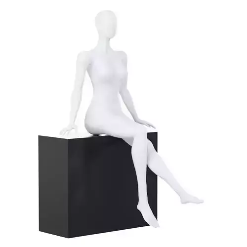 A female faceless mannequin sits on a black pedestal 97
