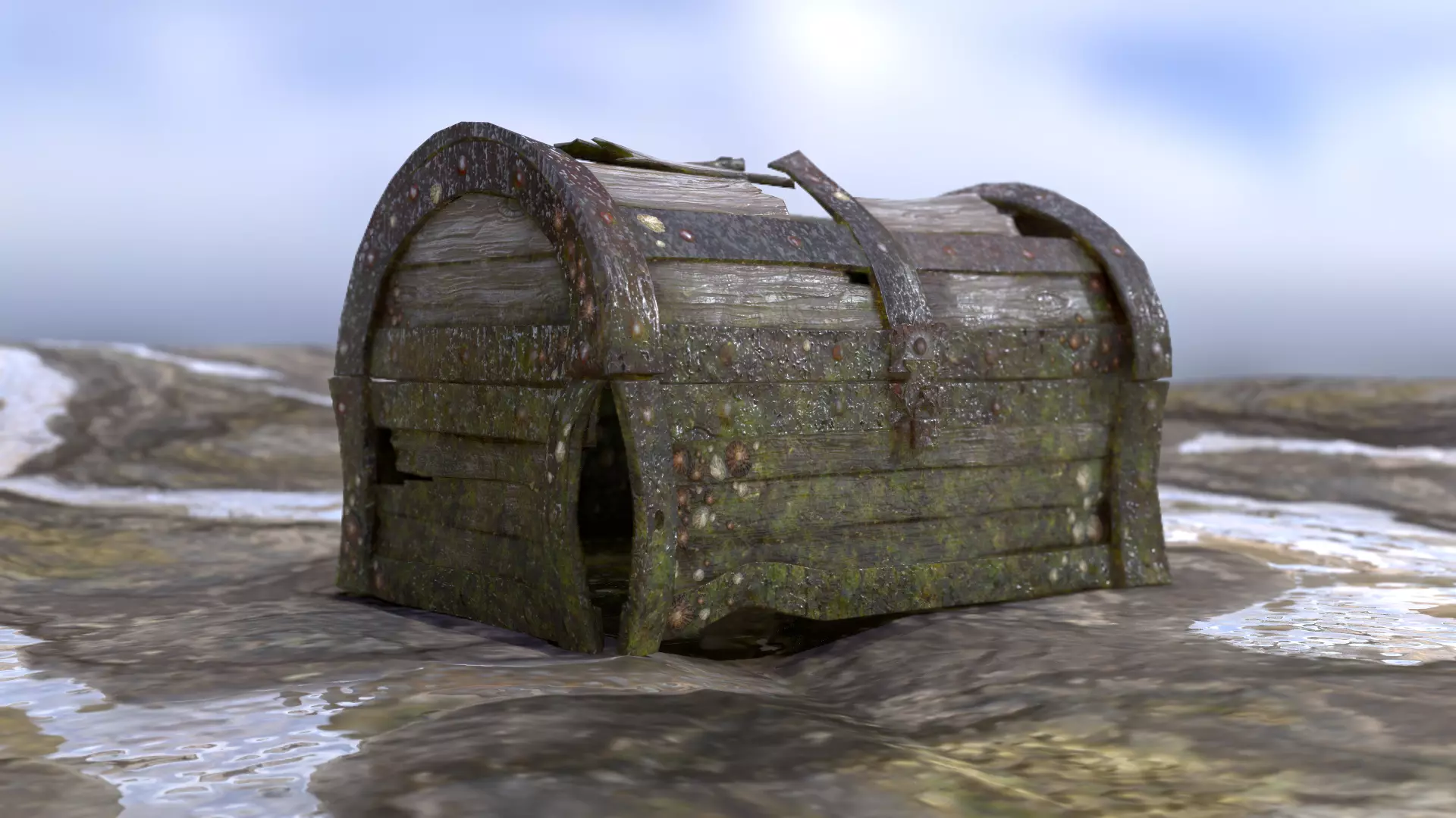 Old Damaged Treasure Chest Low-poly 3D model_0