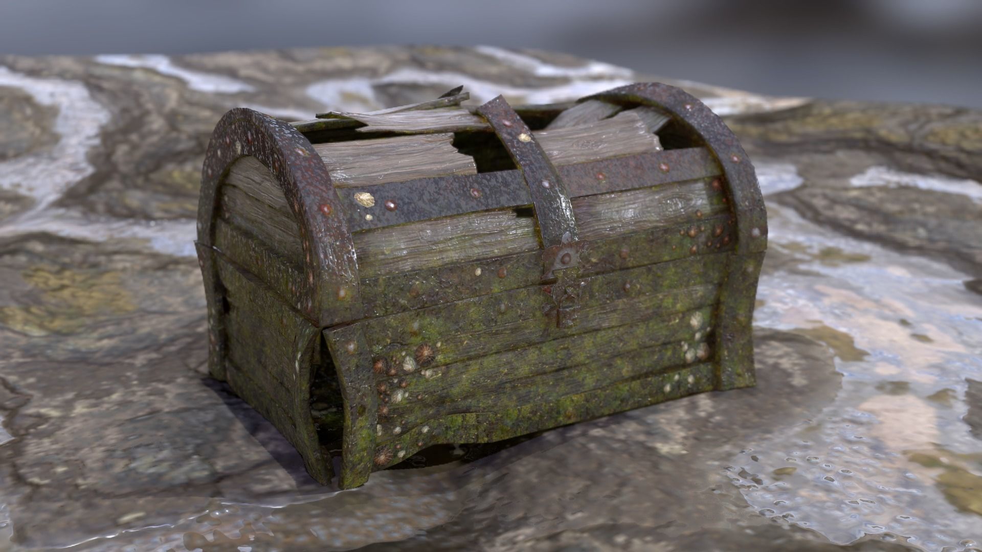 Old Damaged Treasure Chest Low-poly 3D model_3