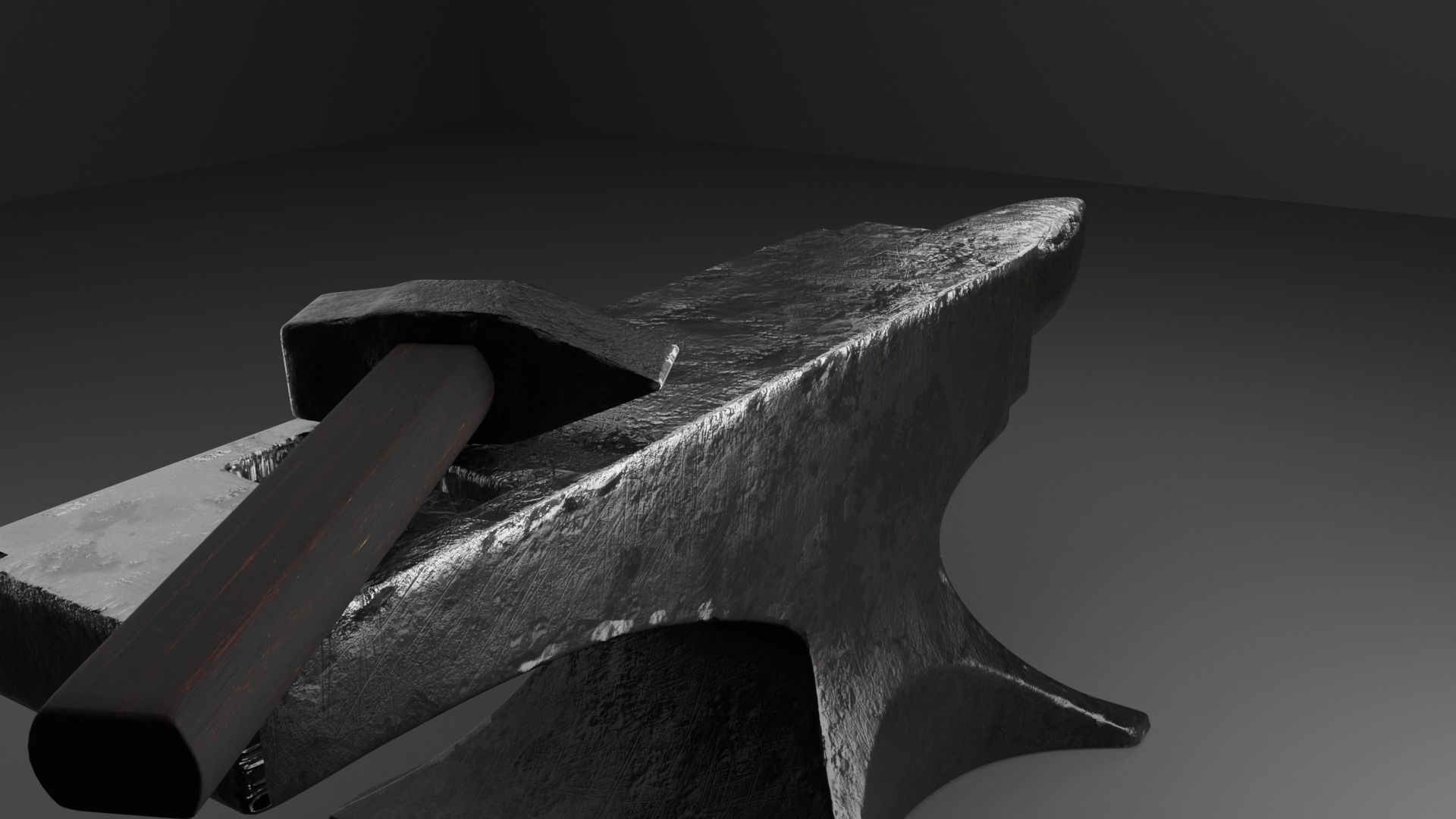 Blacksmith anvil with hammer in low-poly 3D model_9