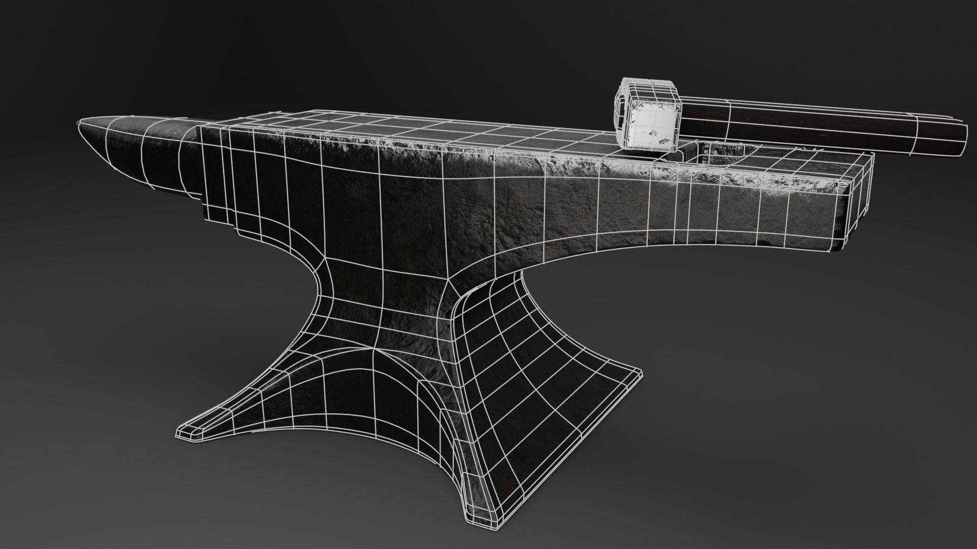 Blacksmith anvil with hammer in low-poly 3D model_5