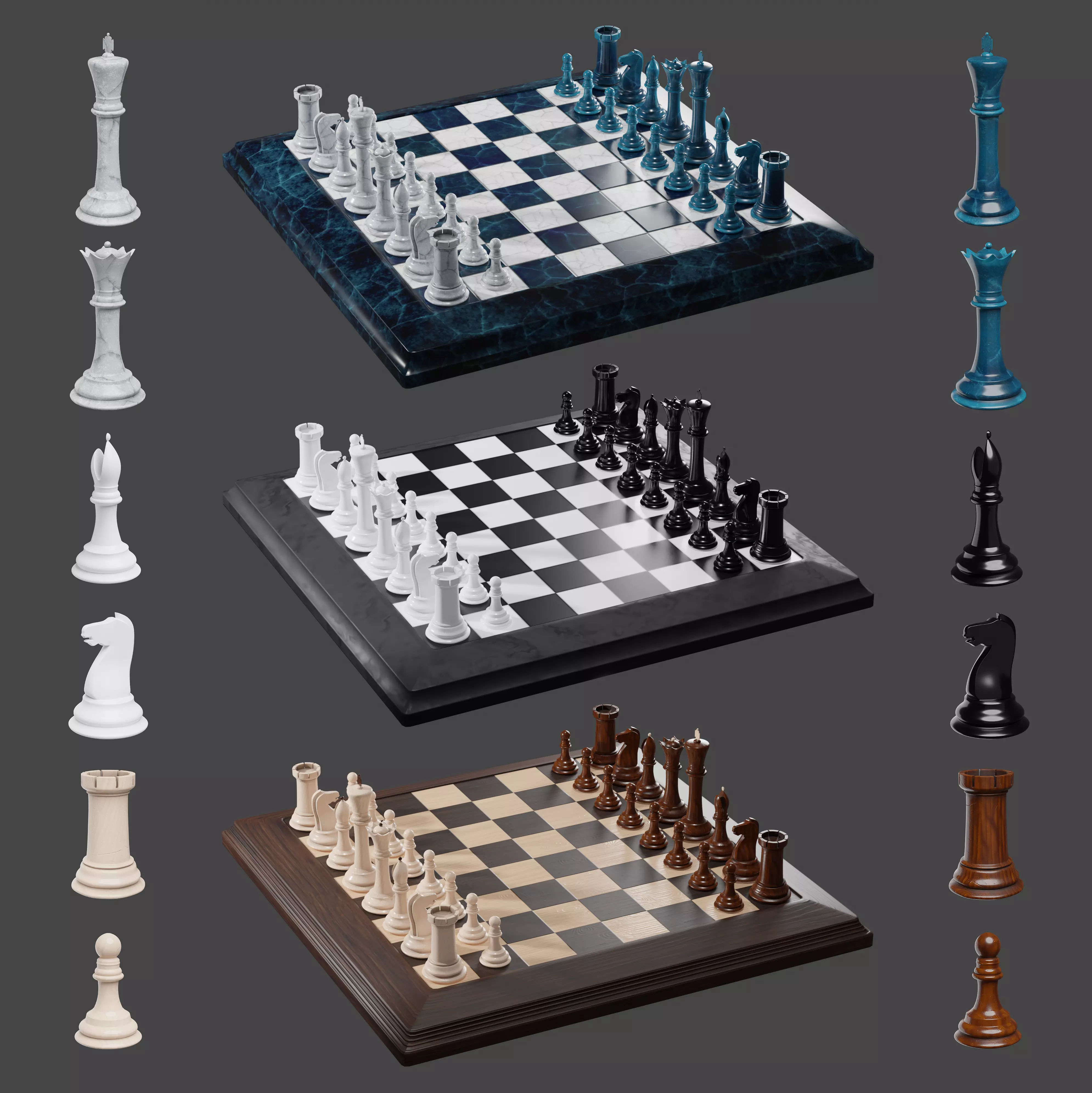3D Chess Set with marble wooden and classic materials 3D model