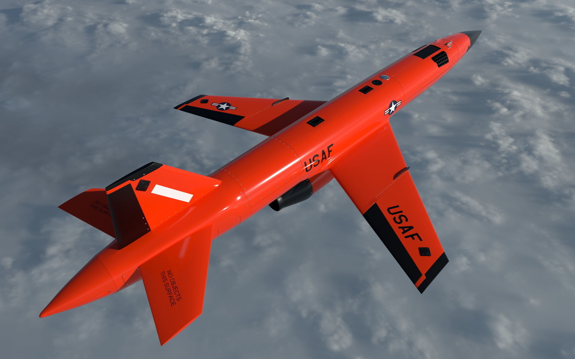 BQM-167A orange military jet flying in sky 3D model_3