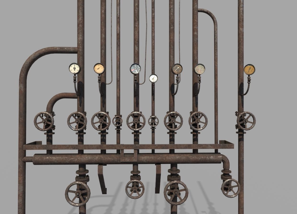 Rusty Wall Pipes And Valves  3D model_2