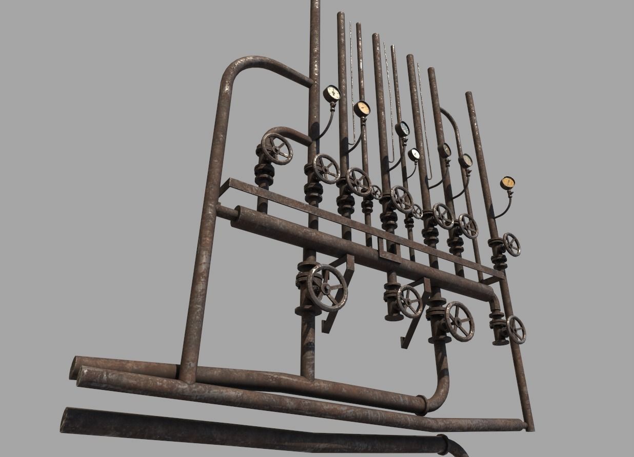 Rusty Wall Pipes And Valves  3D model_3