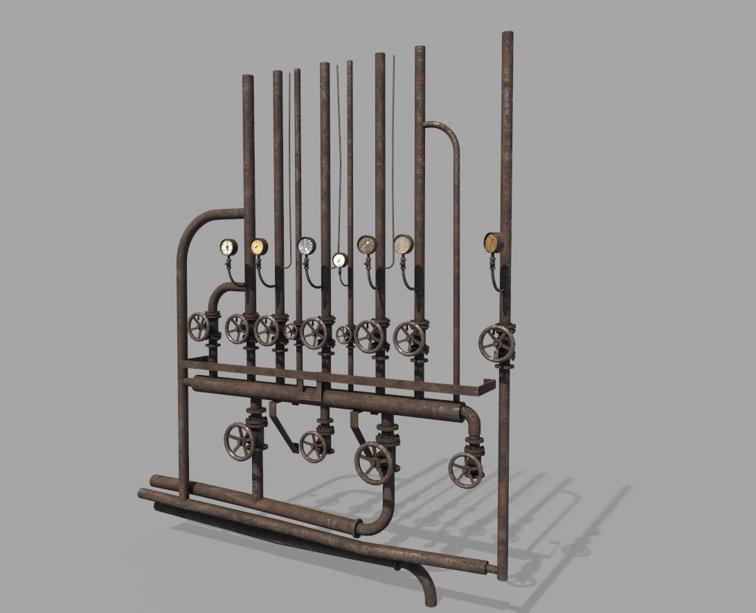 Rusty Wall Pipes And Valves  3D model_1