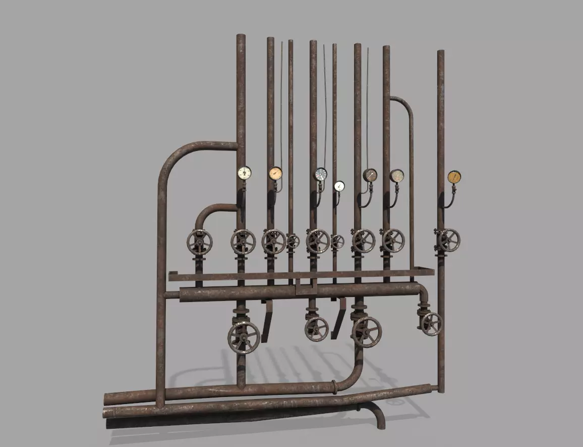Rusty Wall Pipes And Valves  3D model_0