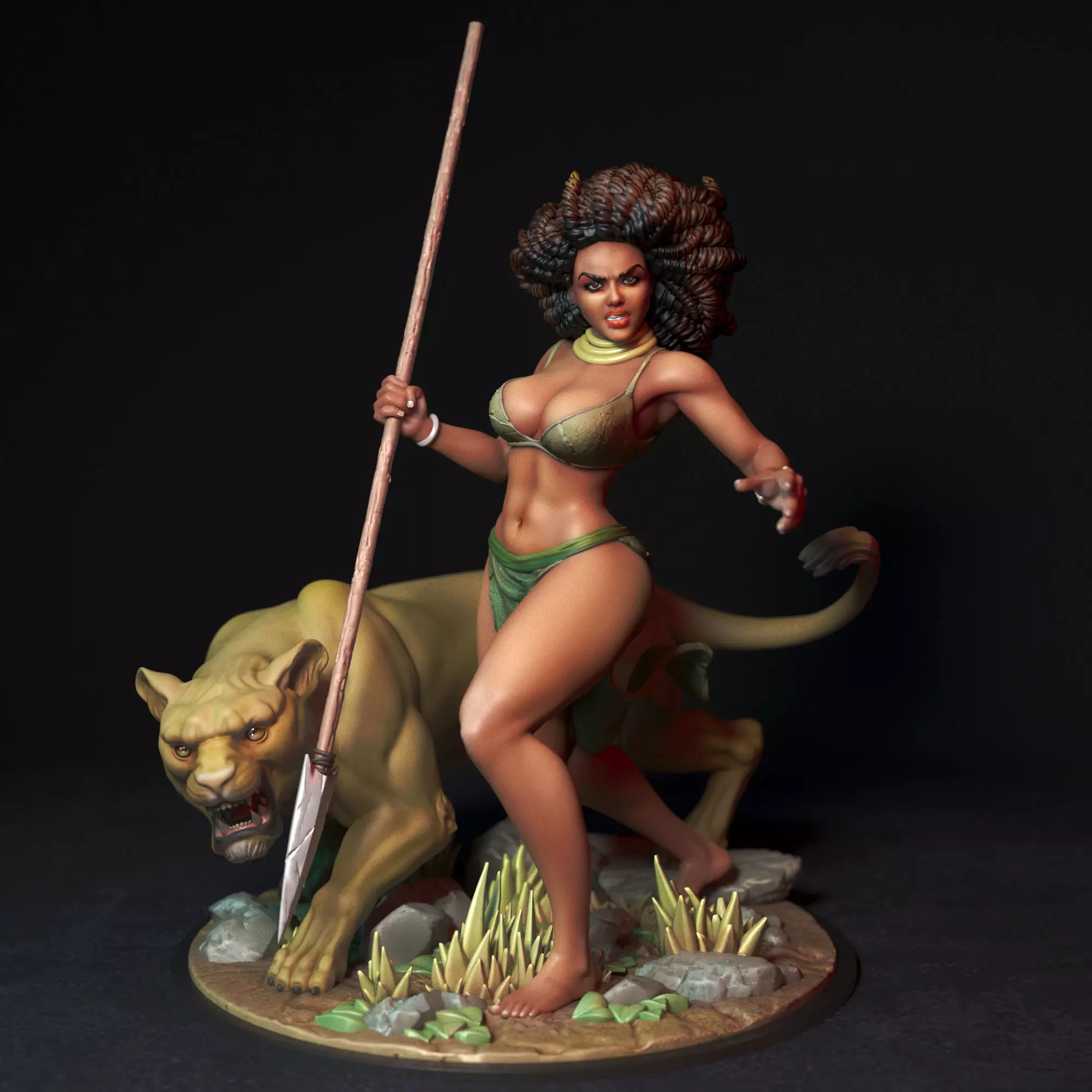 Lioness woman with spear and lion 3D print model
