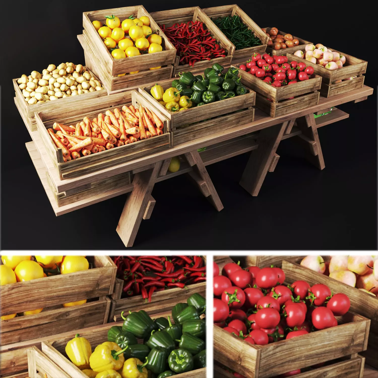 Market showcase with vegetables 3D model_0