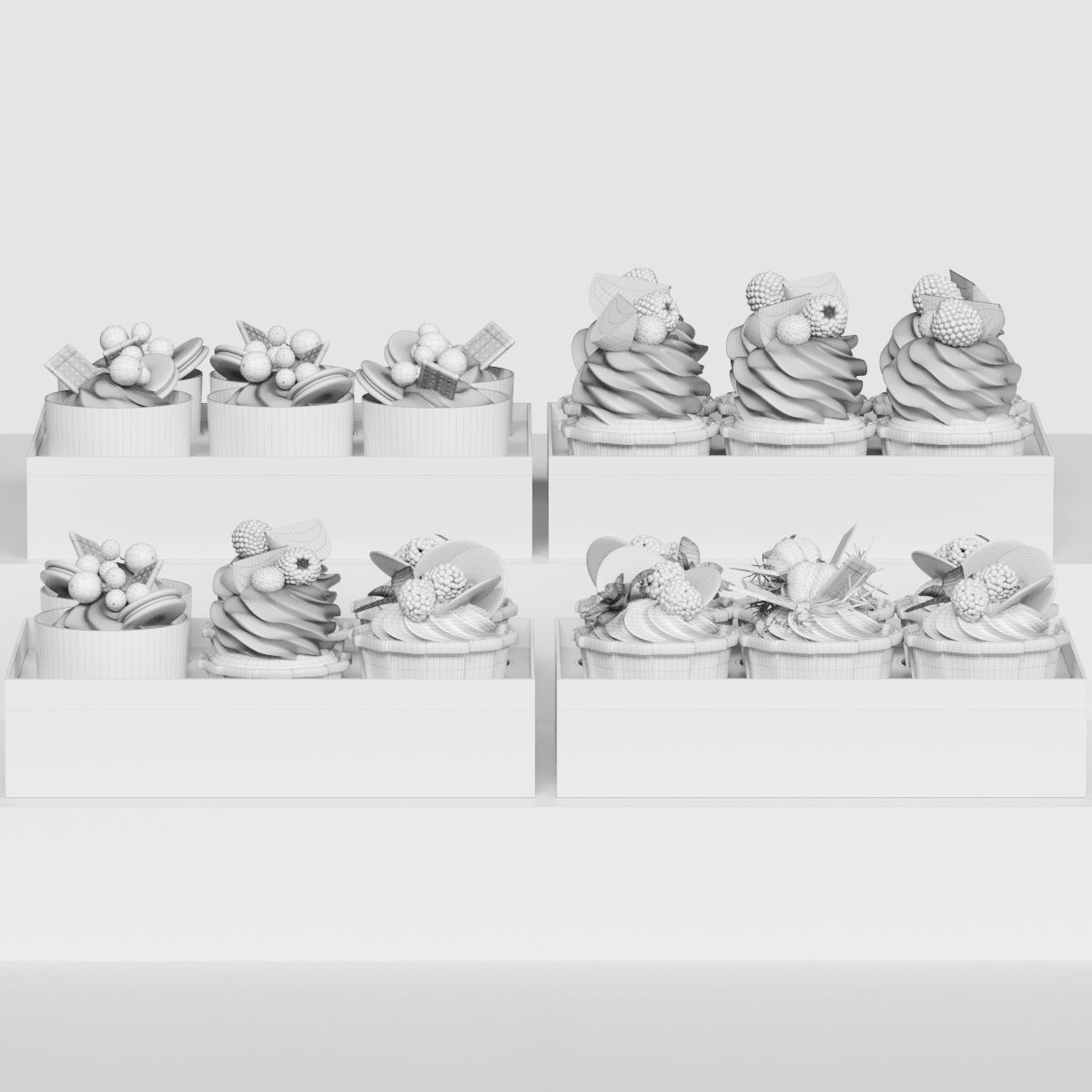 Cupcake set display with fruit and desserts 3D model_1