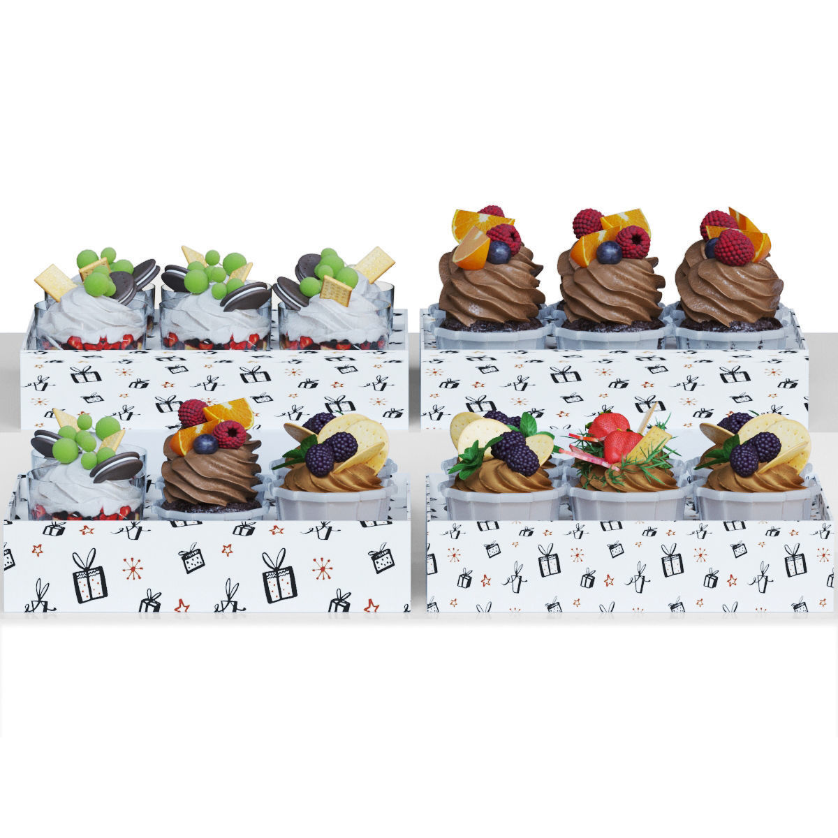 Cupcake set display with fruit and desserts 3D model_2