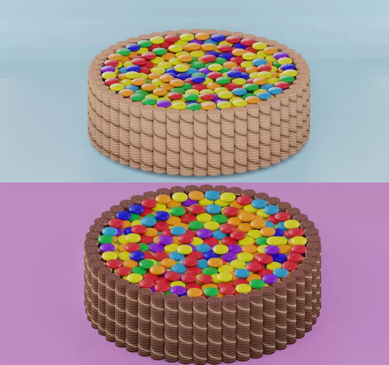 Two cakes Rainbow with wafer rolls and candy 3D model_0