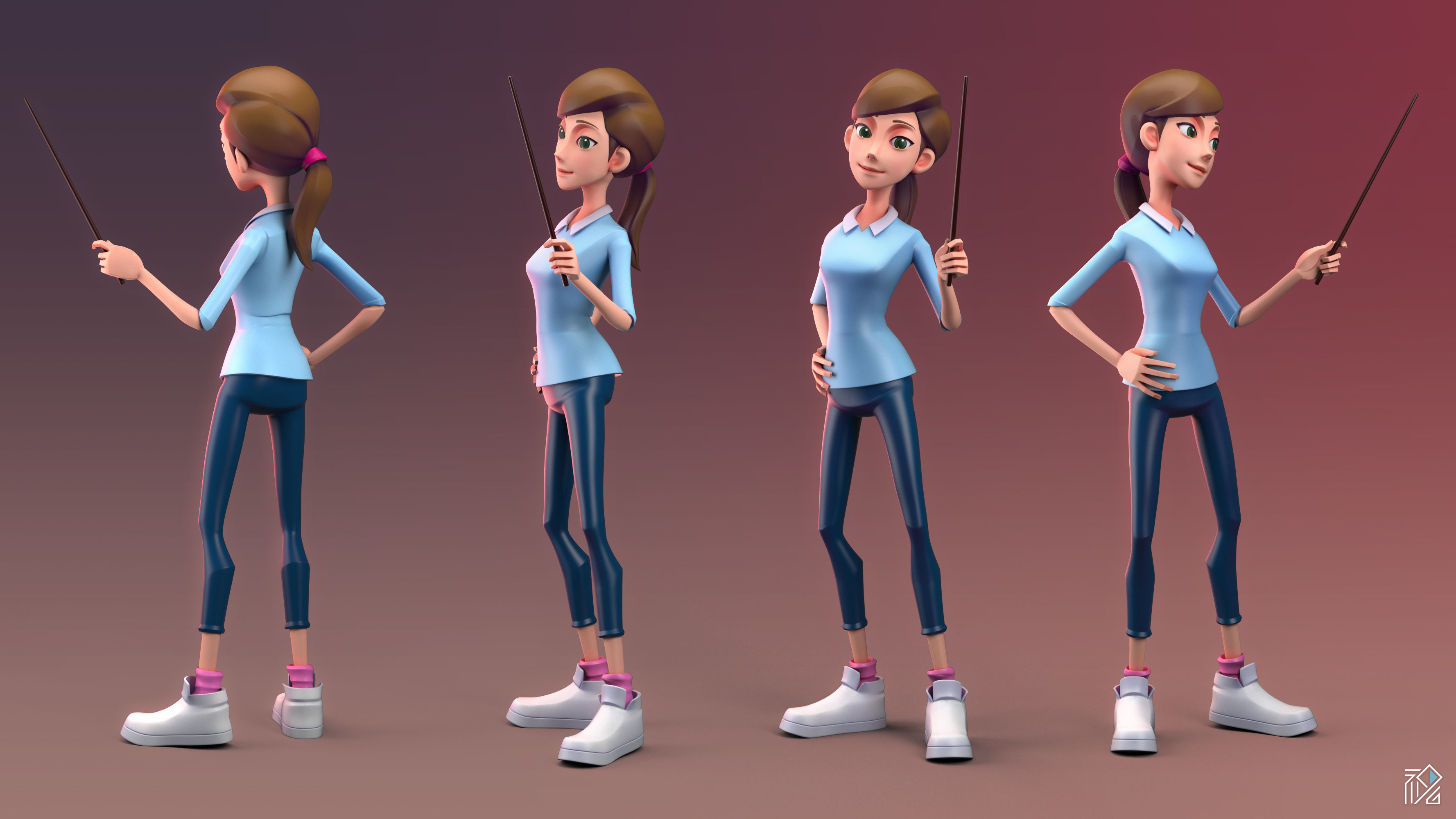 Teacher cartoon girl pointing at camera 3D model_15