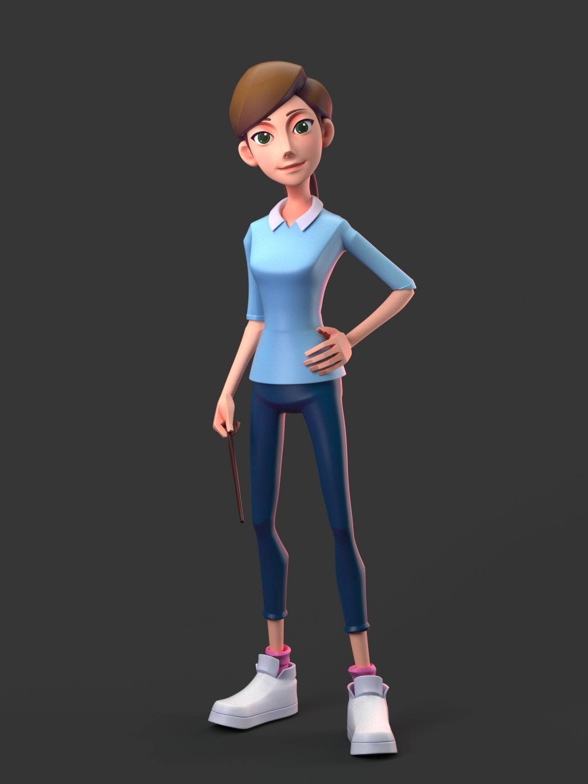 Teacher cartoon girl pointing at camera 3D model_5