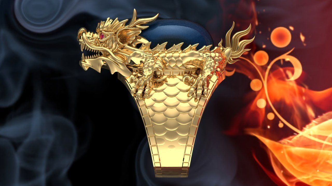 Dragon Turtle Ring - Dragon Ring - Oval Mens Stone Ring - N852 3D print model_1