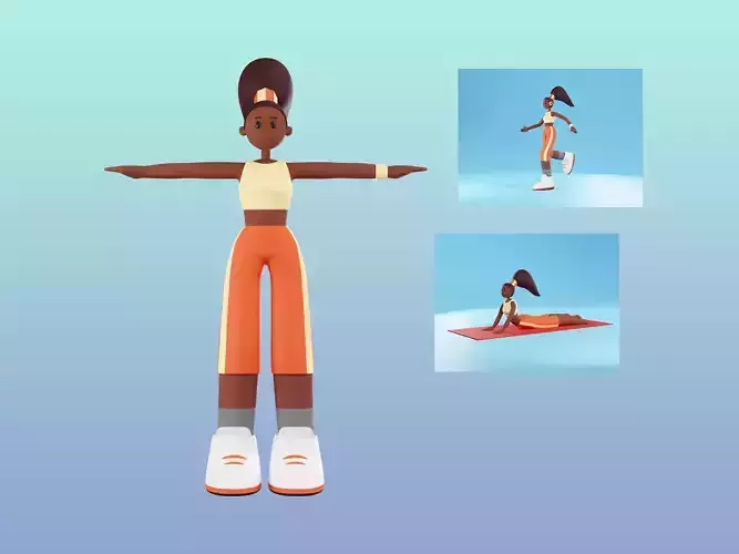 African American young woman in sportwear cartoon character