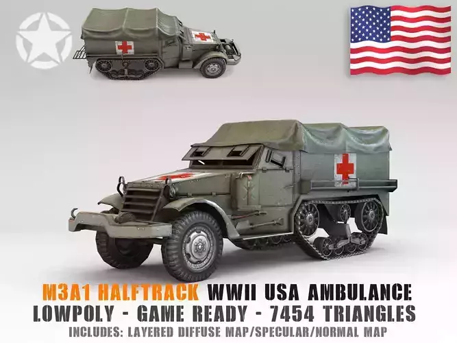 Low Poly M3A1 Halftrack Ambulance Low-poly 3D model