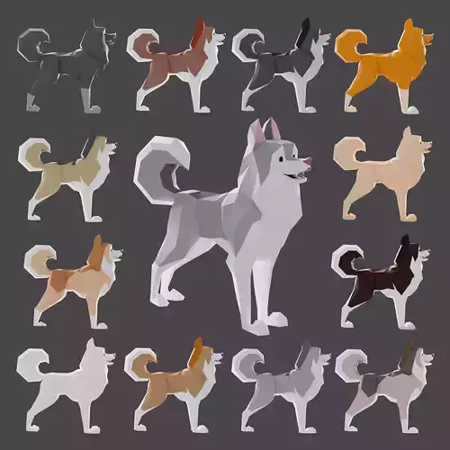 Pack of 12 low poly stylized husky dogs 