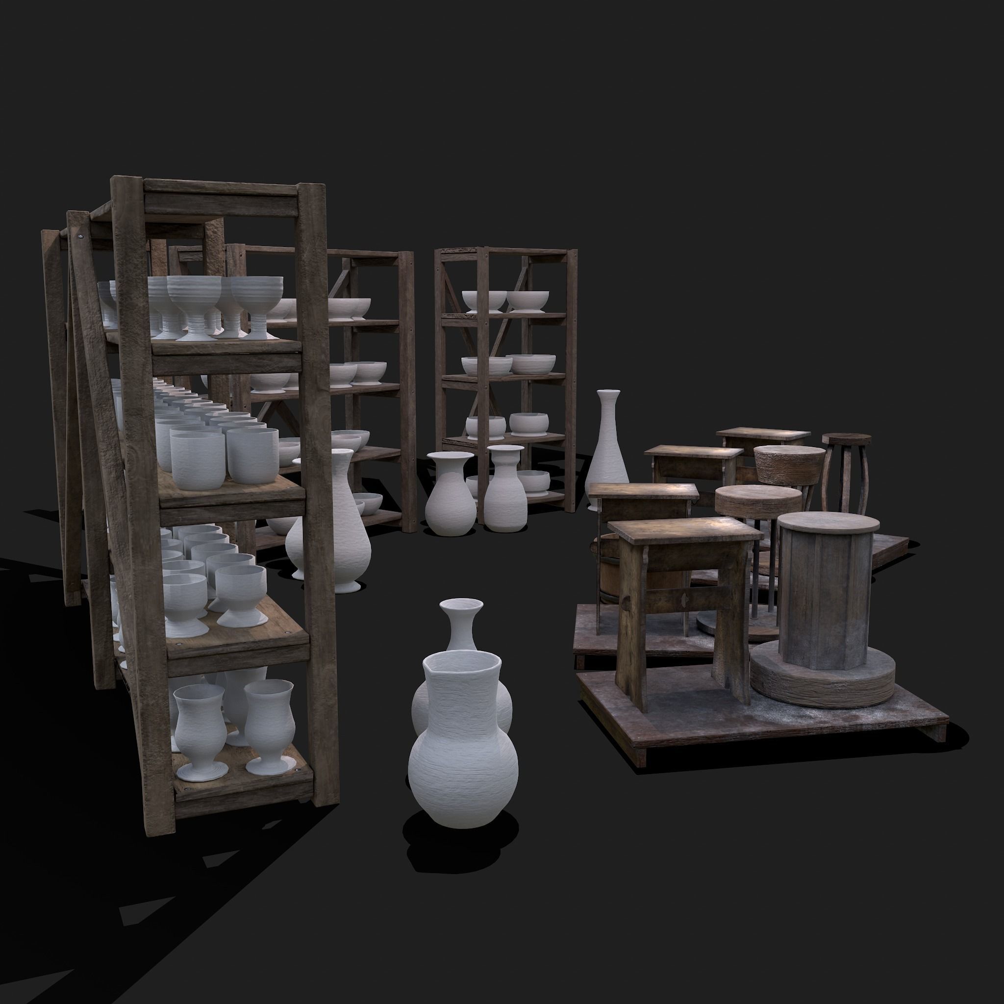 Full Pottery Shelves and Wheels Collection VR / AR / lowpoly CGTrader