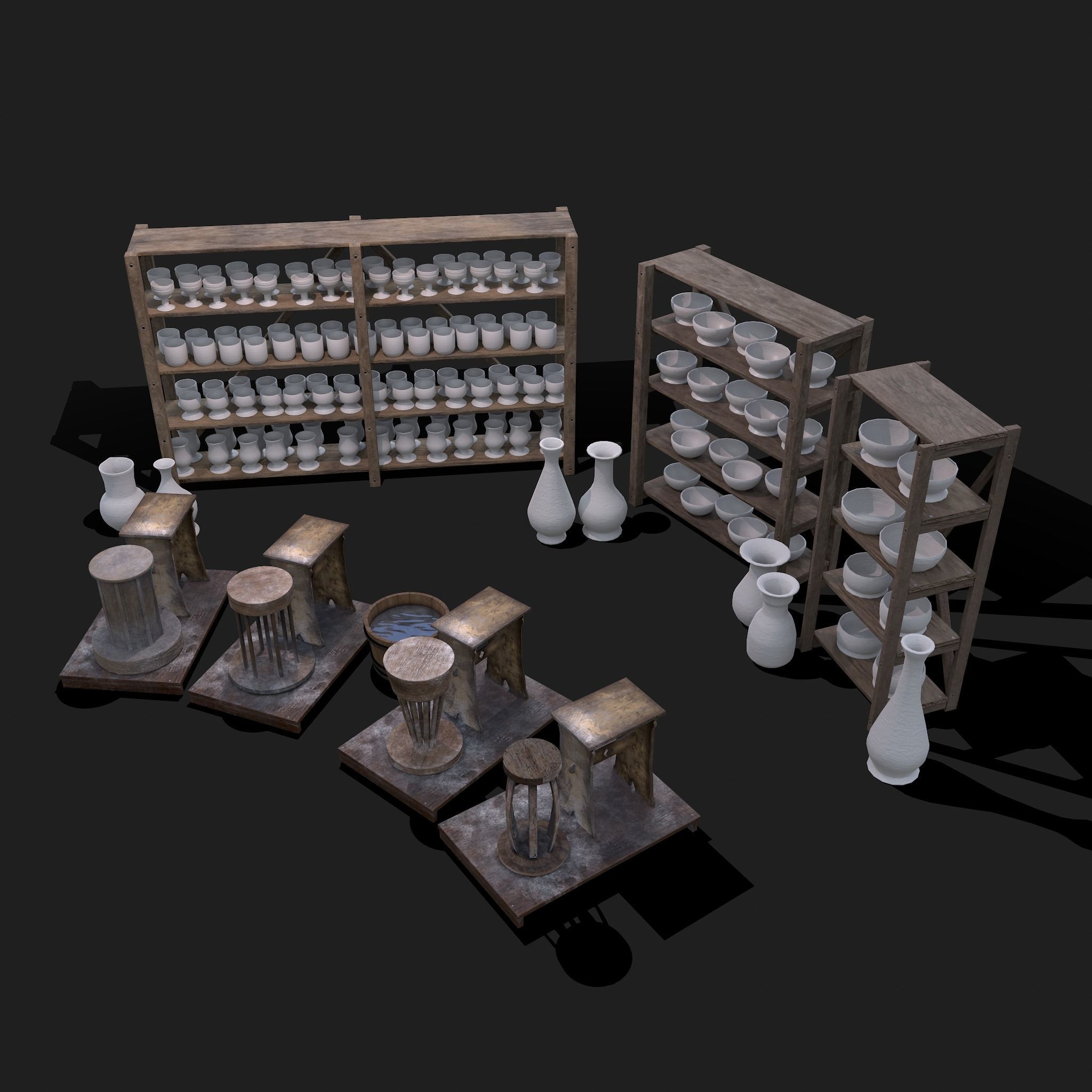 Full Pottery Shelves and Wheels Collection VR / AR / lowpoly CGTrader
