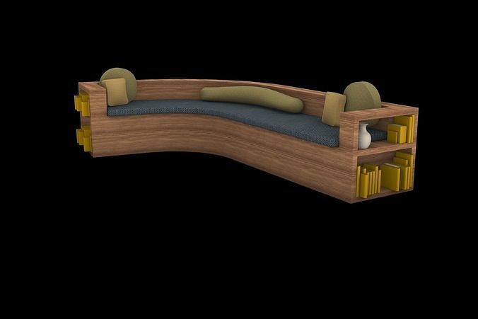 Wooden Bookshelf Couch with Pillows 3D model