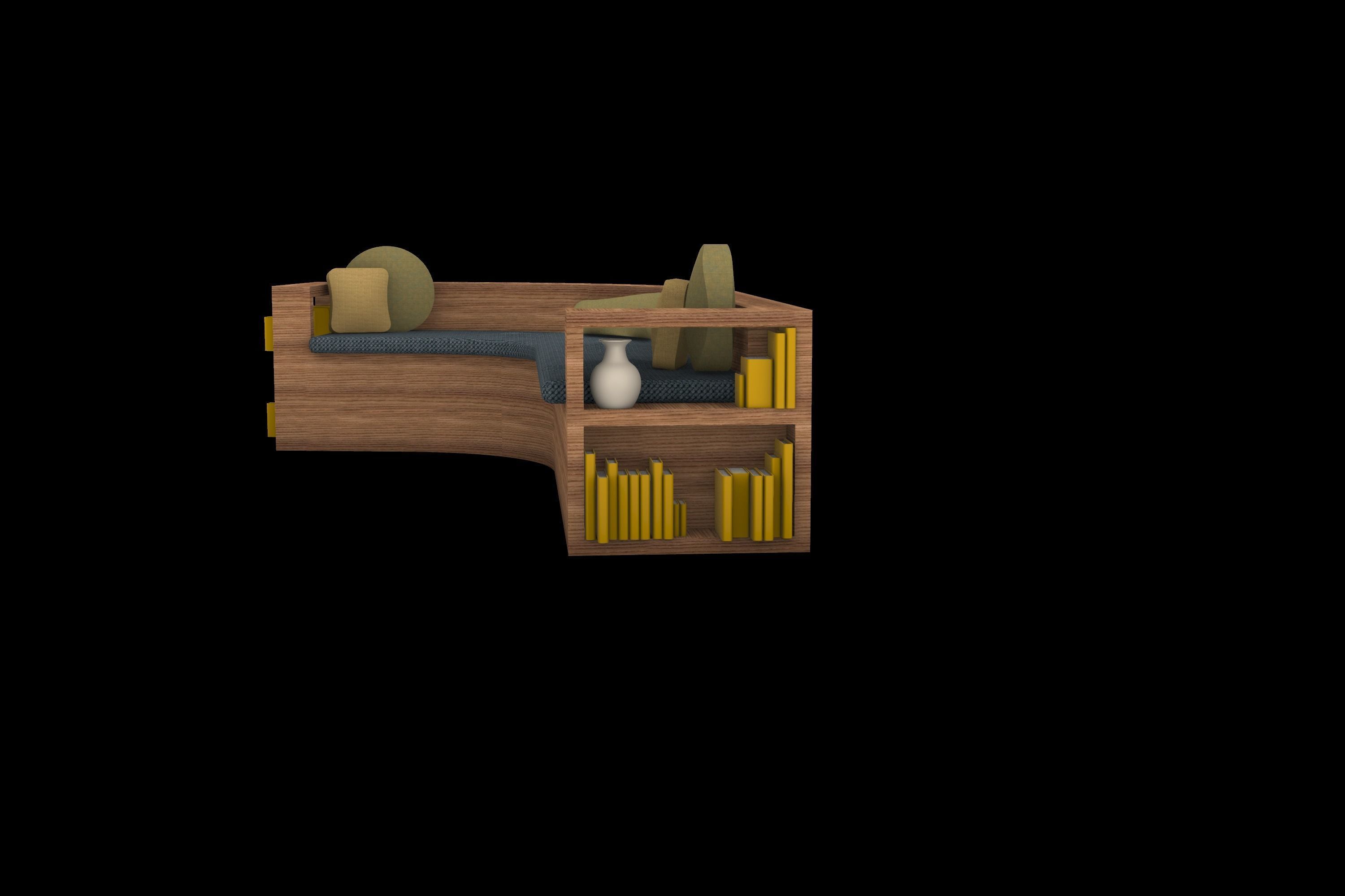 Wooden Bookshelf Couch with Pillows 3D model_1