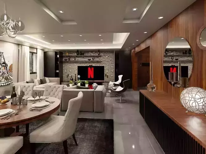 Realistic low poly Interior living and dining room scene