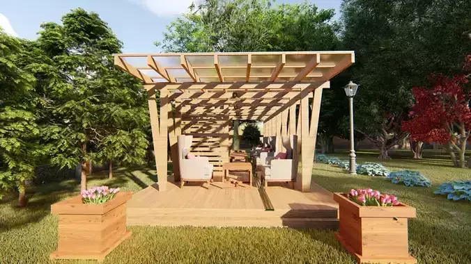 Pergola wooden in garden 3D print model