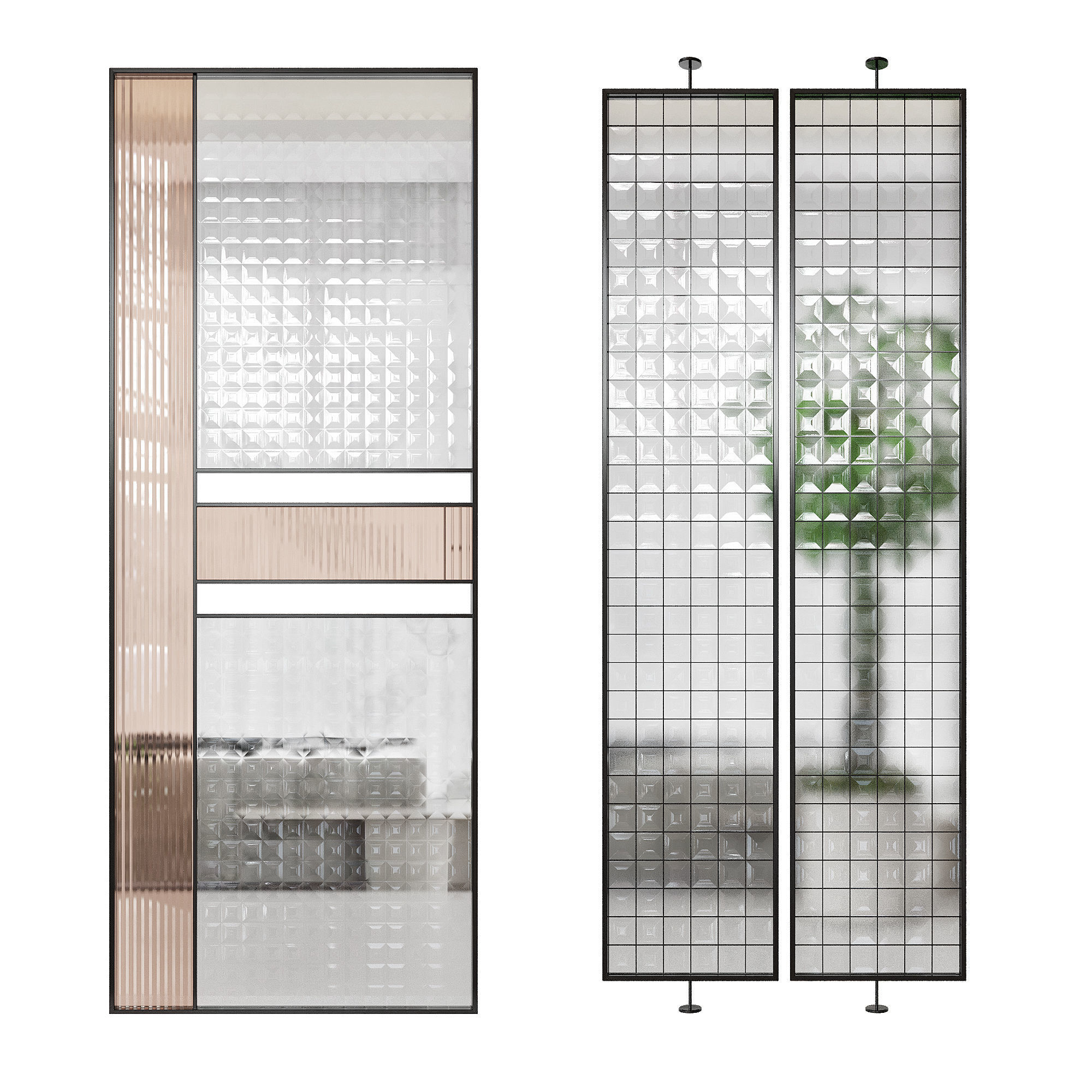Partition 5 room with two glass doors and plant 3D model_1