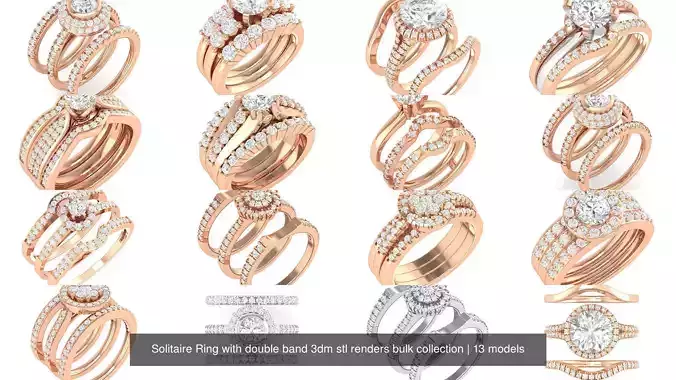 13 Solitaire Ring with double band 3dm stl renders 