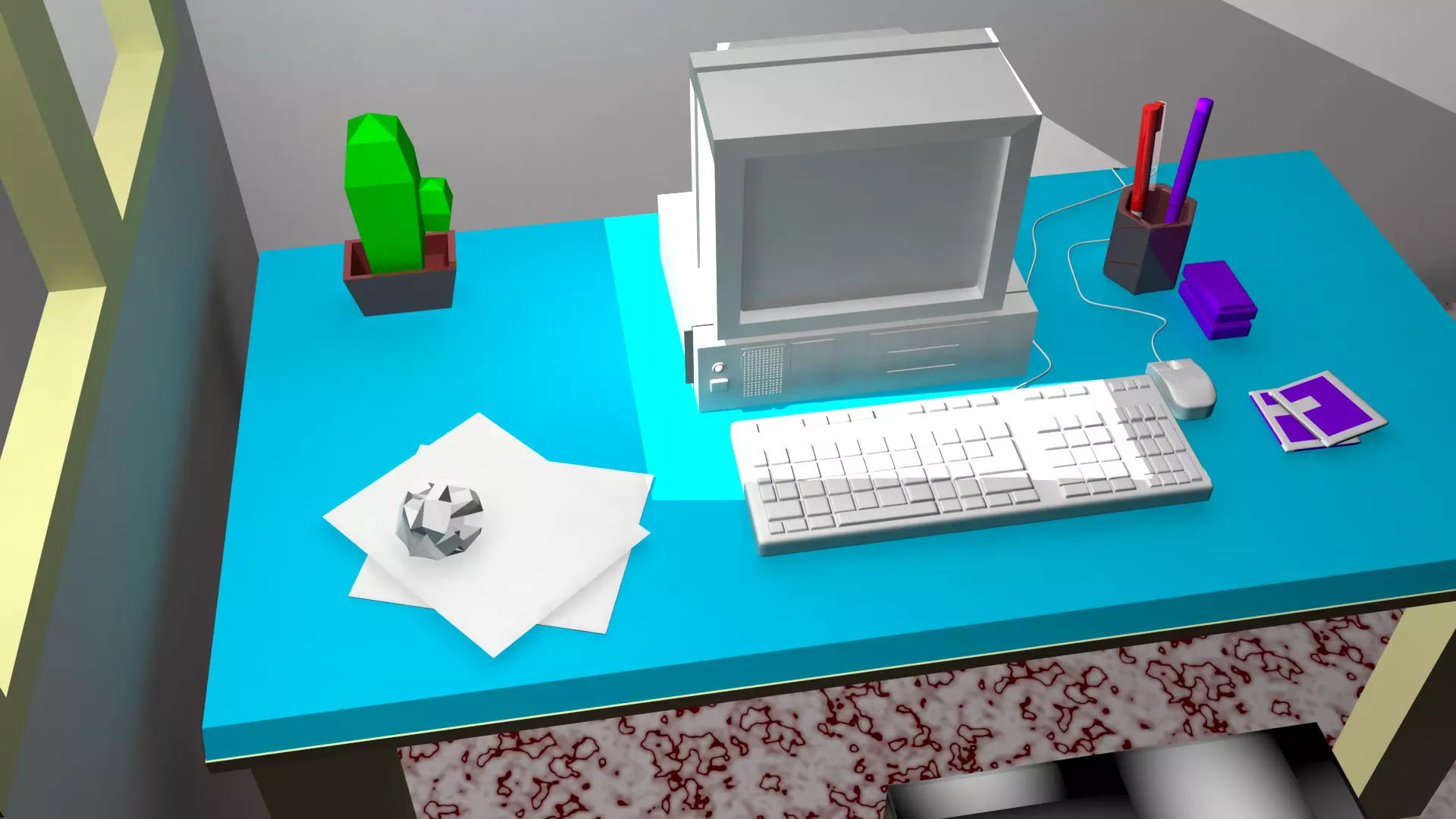 Computer desk with Low-poly 3D model