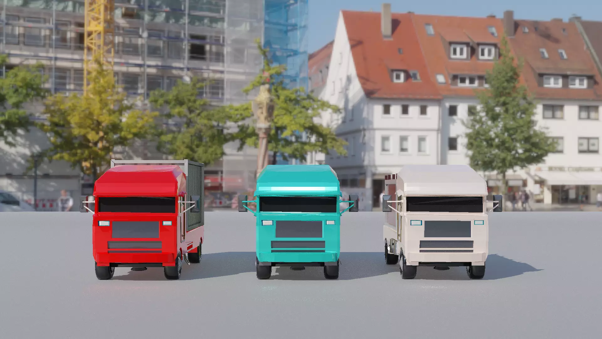 lowpoly truck three colorful trucks on city street Low-poly 3D model