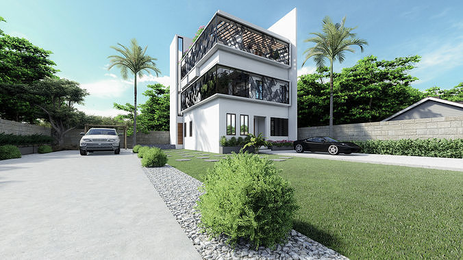 Exterior modern house with car parked Low-poly 3D model