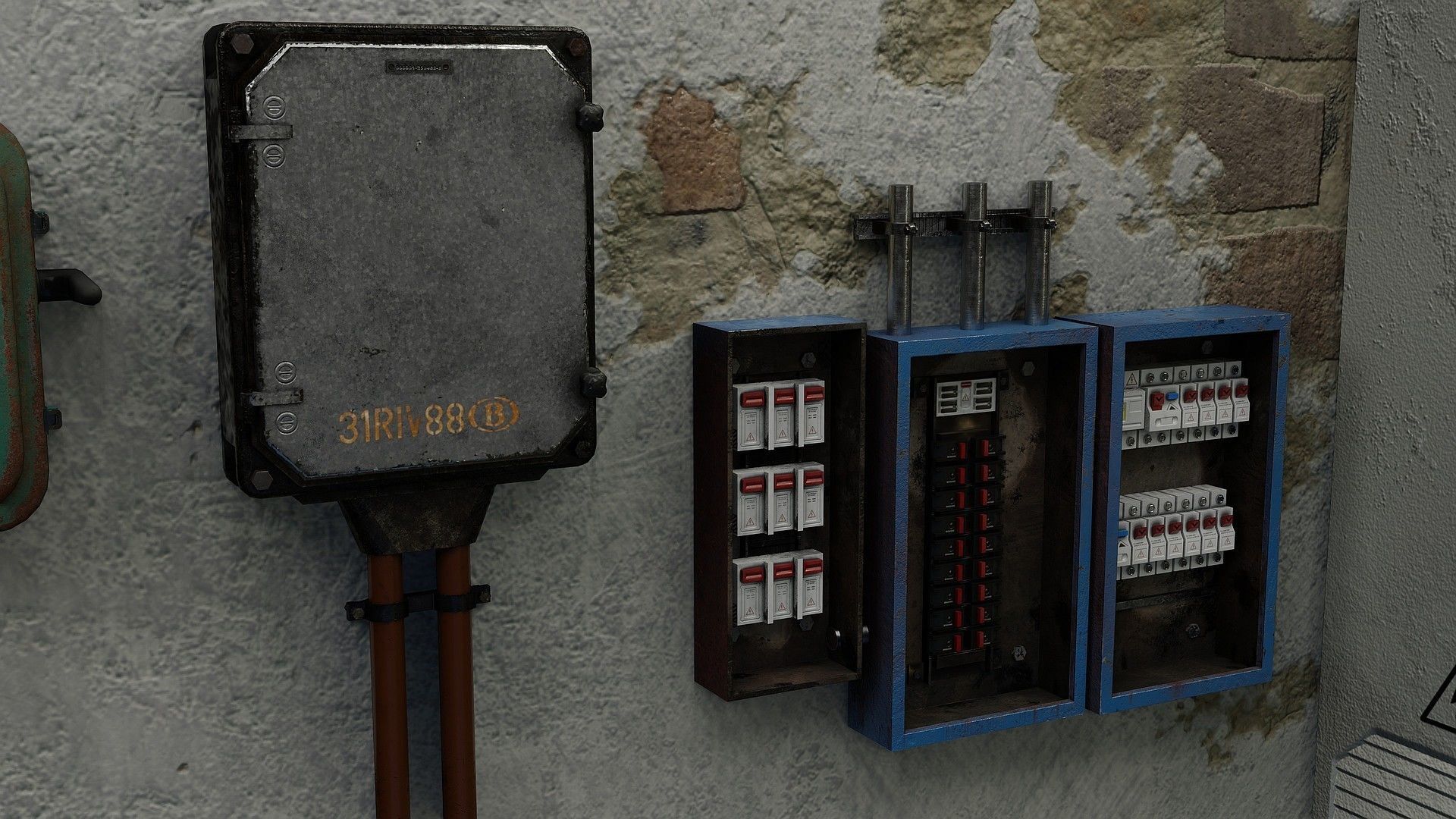 Utility Electric Wall Fuse Boxes Props Low-poly 3D model_11