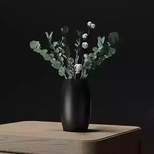 Cotton and Eucalyptus Branch Plant in Black Vase