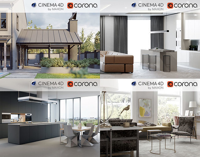 Set 1 - Corona C4D - 4 x Scenes 3D Model Collection