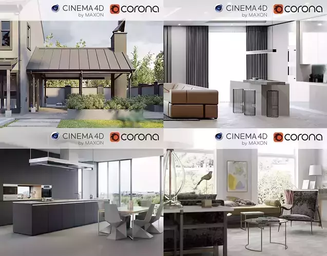Set 1 - Corona C4D - 4 x Scenes 3D Model Collection