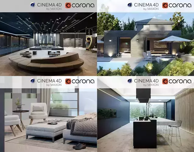 Set 2 - Corona C4D - 4 x Scenes 3D Model Collection