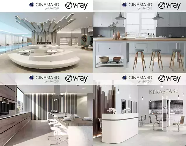 Set 1 - VRay C4D - 4 x Interior Scenes 3D Model Collection