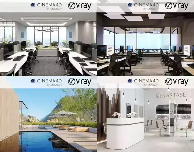Set 2 - VRay C4D - 4 x Scenes 3D Model Collection