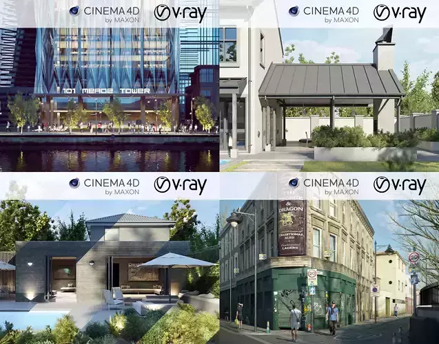 Set 3 - VRay C4D - 4 x Exterior Scenes 3D Model Collection