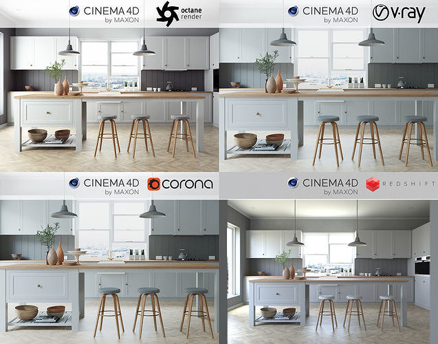 Corona VRay Octane Redshift C4D Scene files - 4 x Kitchen Setups 3D Model Collection