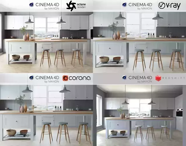 Corona VRay Octane Redshift C4D Scene files - 4 x Kitchen Setups 3D Model Collection