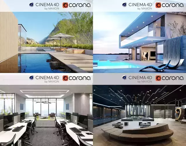 Set 4 - Corona C4D - 4 x Scenes 3D Model Collection