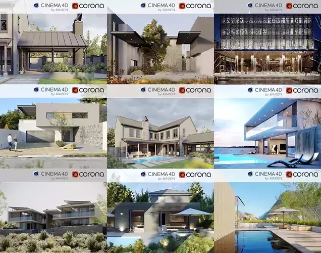 Set 5 - Corona C4D - 8 x Exterior Scenes 3D Model Collection