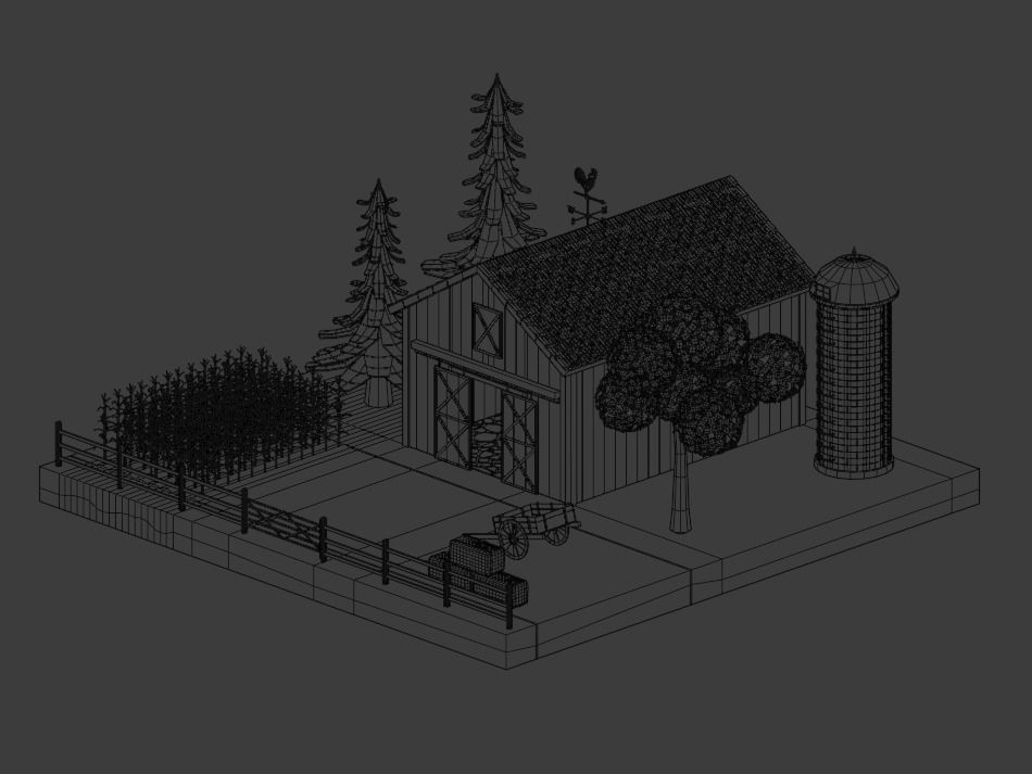 Farm with barn and trees Low-poly 3D model_2