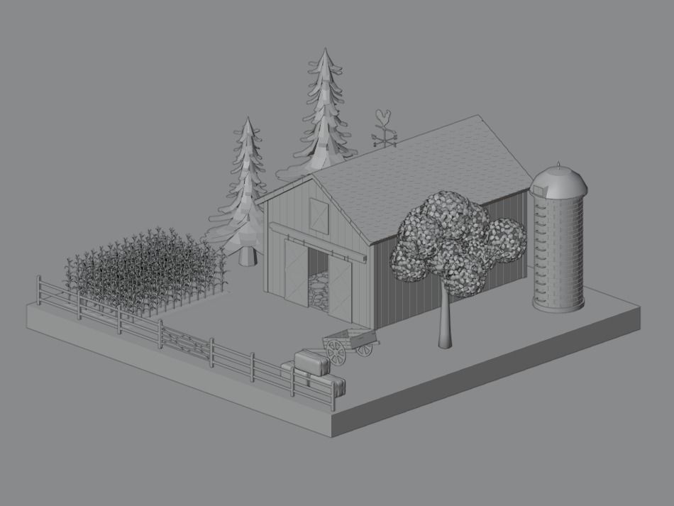 Farm with barn and trees Low-poly 3D model_1