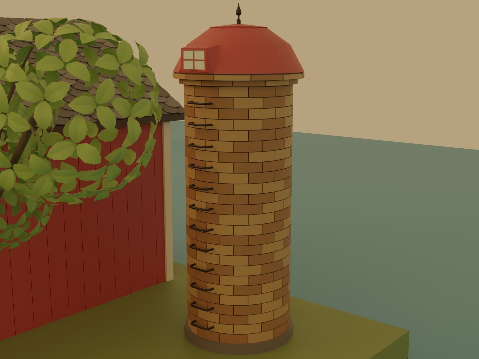 Farm with barn and trees Low-poly 3D model_5