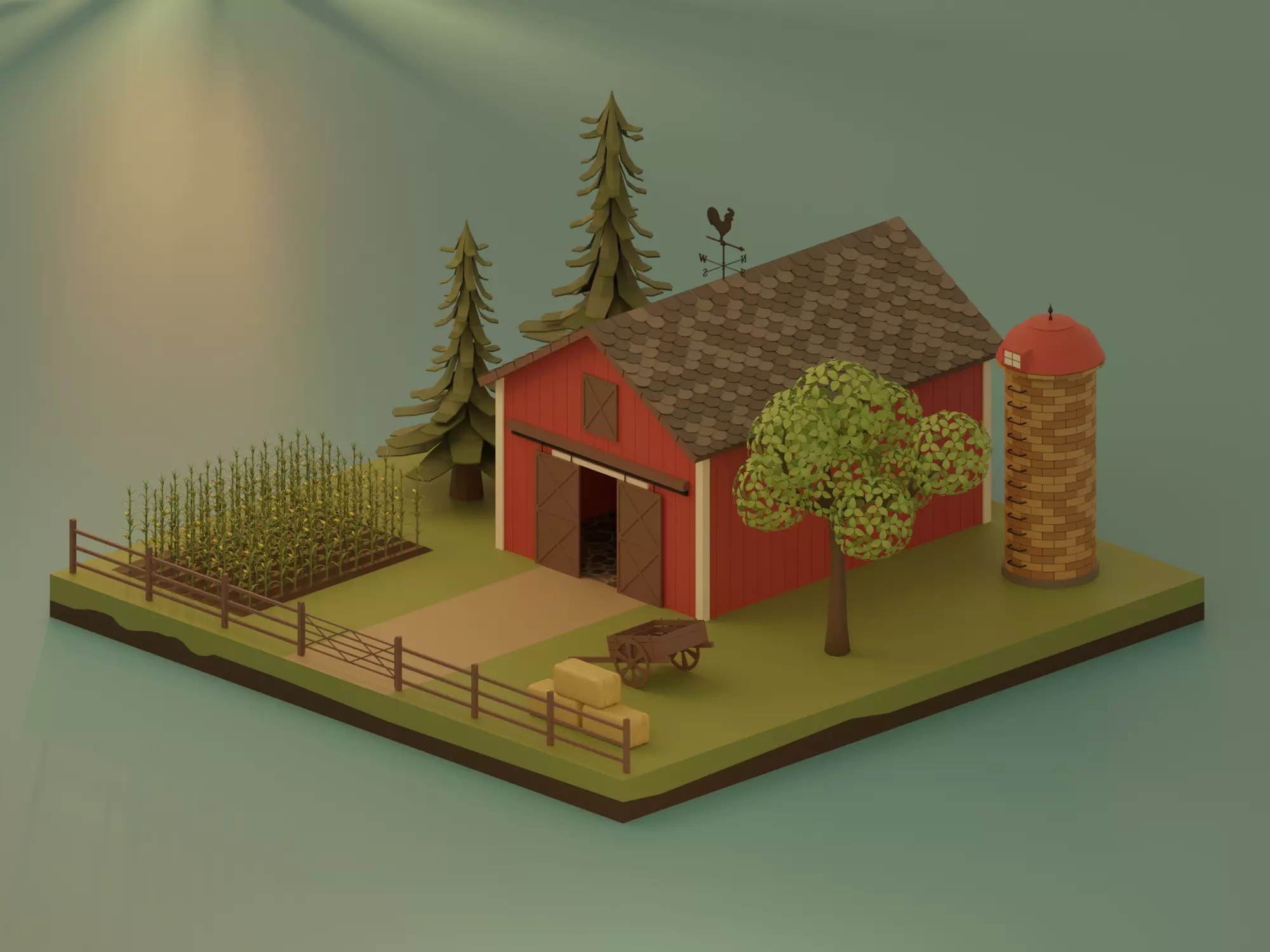 Farm with barn and trees Low-poly 3D model_0